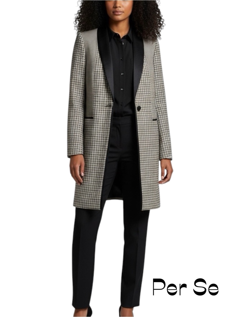 Per Se by Carlisle Cream Black Plaid Leather Luxury Oversized Coat NWOT Size 2